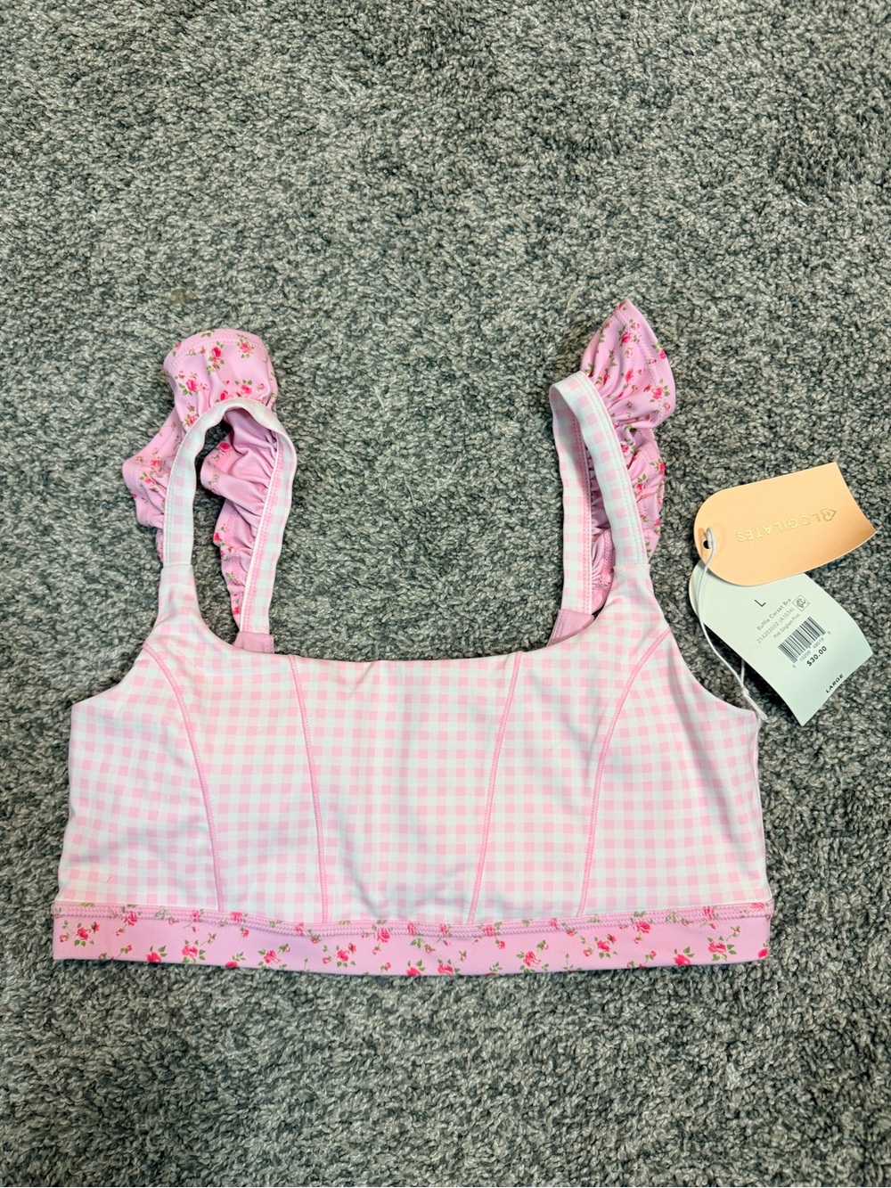 Blogilates Pink Gingham Ruffle Strap Sports Bra Top